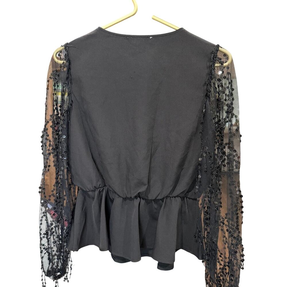 Peach Love California Black Sequin Sleeve Peplum Top Faux Wrap Size M - Picture 4 of 7